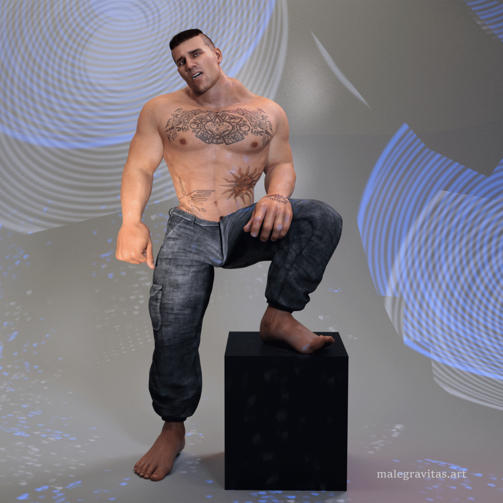 Muscular, tattooed shirtless man stands with one foot on a black pedestal against a futuristic, blue-patterned backdrop.