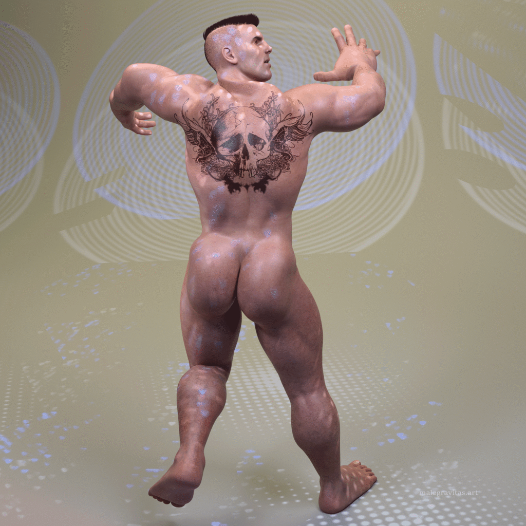 Nude muscular man shown from behind, arms raised, with a large skull-and-wings tattoo across his back against a abstract circular-pattern background.